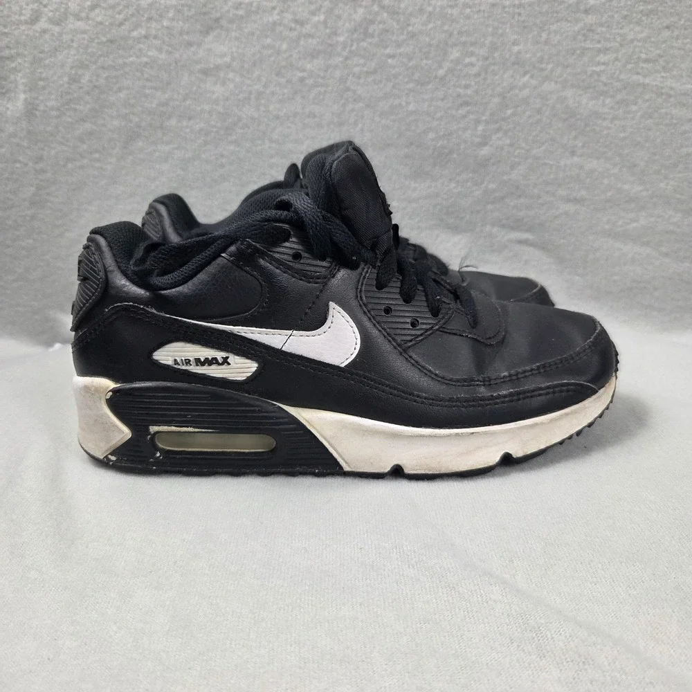 Nike Air Max 90 LTR GS Black White Leather Sneakers CD6864-010 Kids 5.5Y